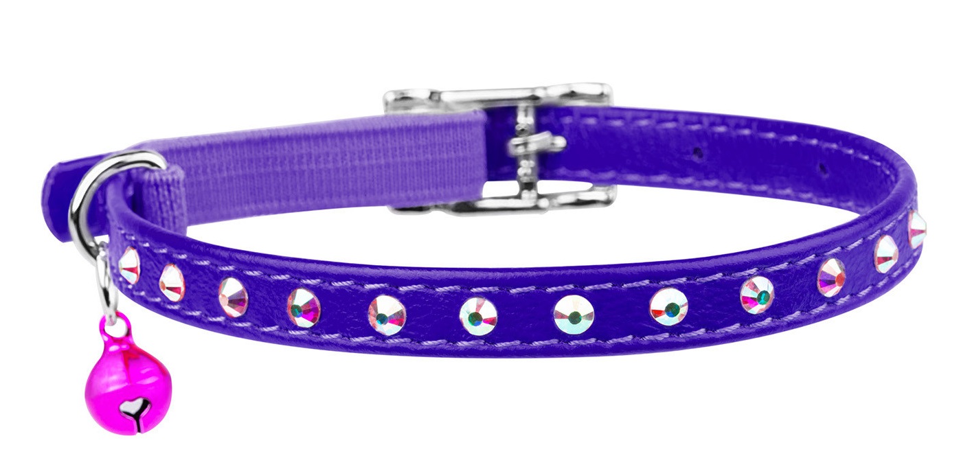 Ошейник для кошек фиолетовый Collar waudog glamour с резинкой и стразами 9мм/22-30см