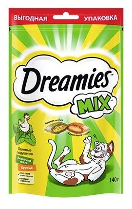 Подушечки лакомые для кошек Dreamies mix 140 г курица и мята