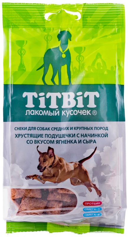Подушечки хрустящие для собак крупных и средних пород Титбит 95 г со вкусом ягненка и сыра