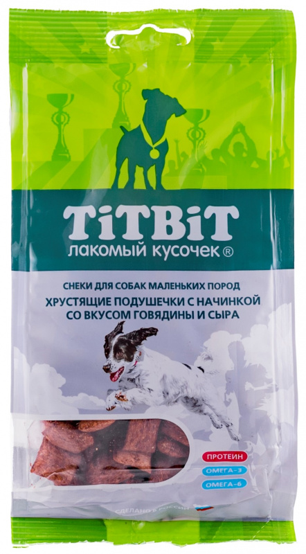 Подушечки хрустящие для собак маленьких пород Титбит 95 г со вкусом говядины и сыра