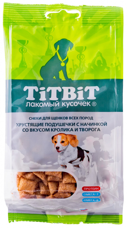 Подушечки хрустящие для щенков Титбит 95 г со вкусом творога и кролика
