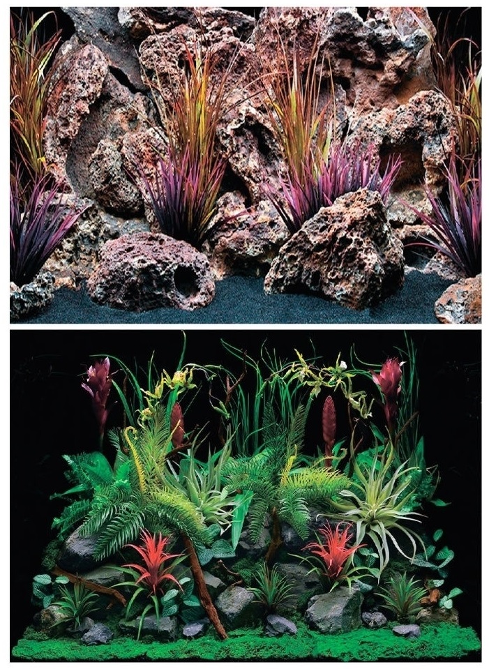 Фон двухсторонний плотный для аквариума Barbus 30х62см цветы джунглей/старый вулкан 031