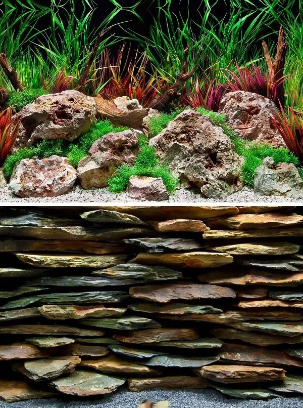 Фон двухсторонний плотный для аквариума Barbus каменная стена/дикая вода 45х94см 026