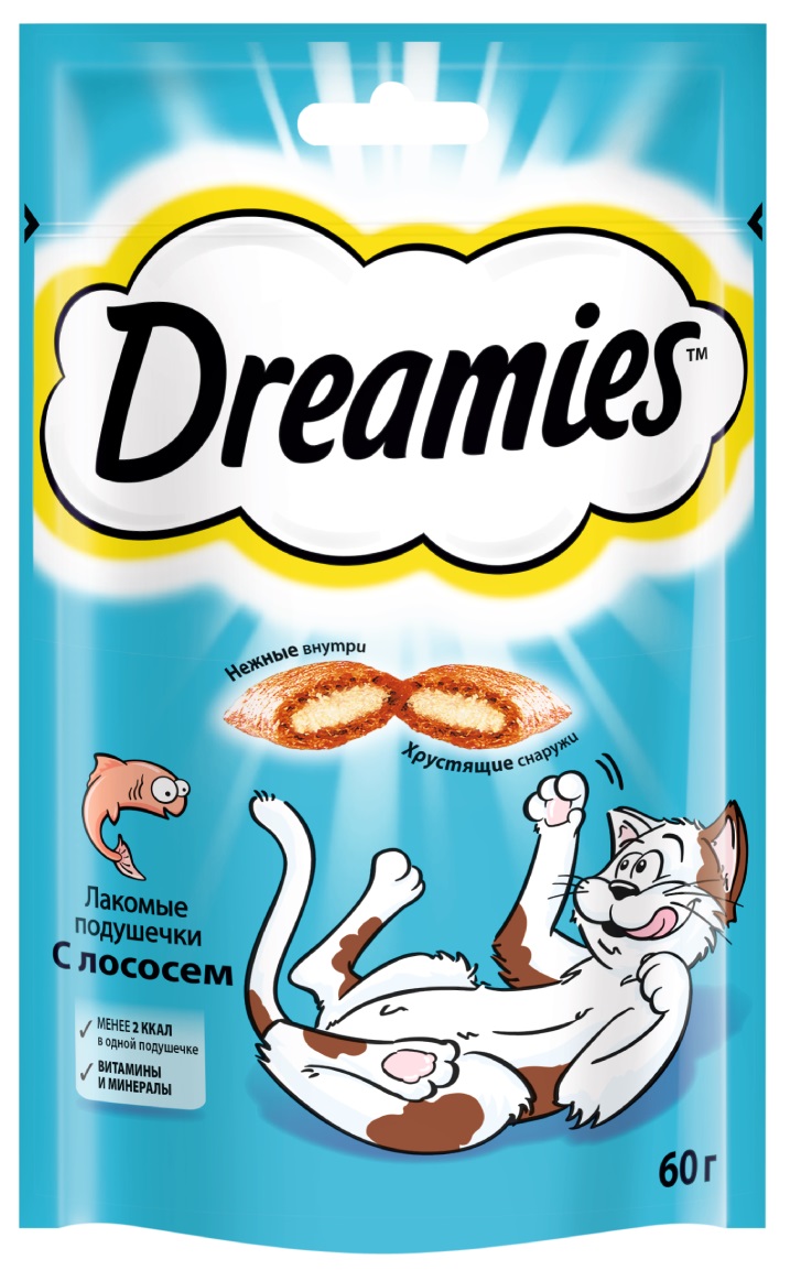 Подушечки лакомые для кошек Dreamies 60 г с лососем