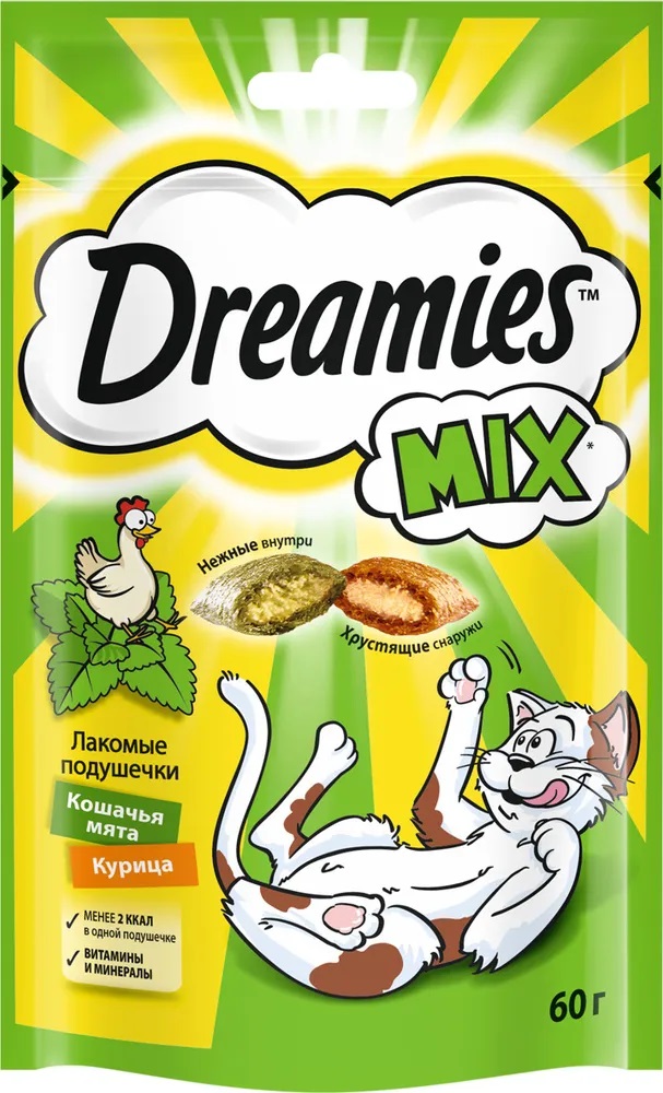 Подушечки лакомые для кошек Dreamies mix 60 г курица и мята