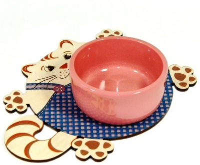 Комплект подставка+миска для кошек розовый Меридиан кот в синем комбинезоне керамика 200 мл