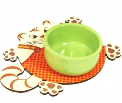 Комплект подставка+миска для кошек салатовый Меридиан кот в красном комбинезоне керамика 200 мл