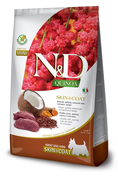 Корм беззерновой для собак мелких пород Farmina n&d dog quinoa skin&coat здоровье кожи и шерсти 2.5 кг оленина,киноа,кокос,куркума