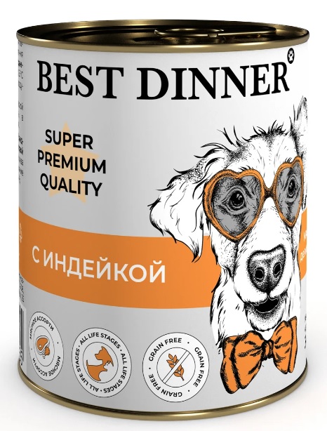 Корм для собак и щенков с 6 месяцев Best dinner super premium мясные деликатесы 340 г бан. с индейкой