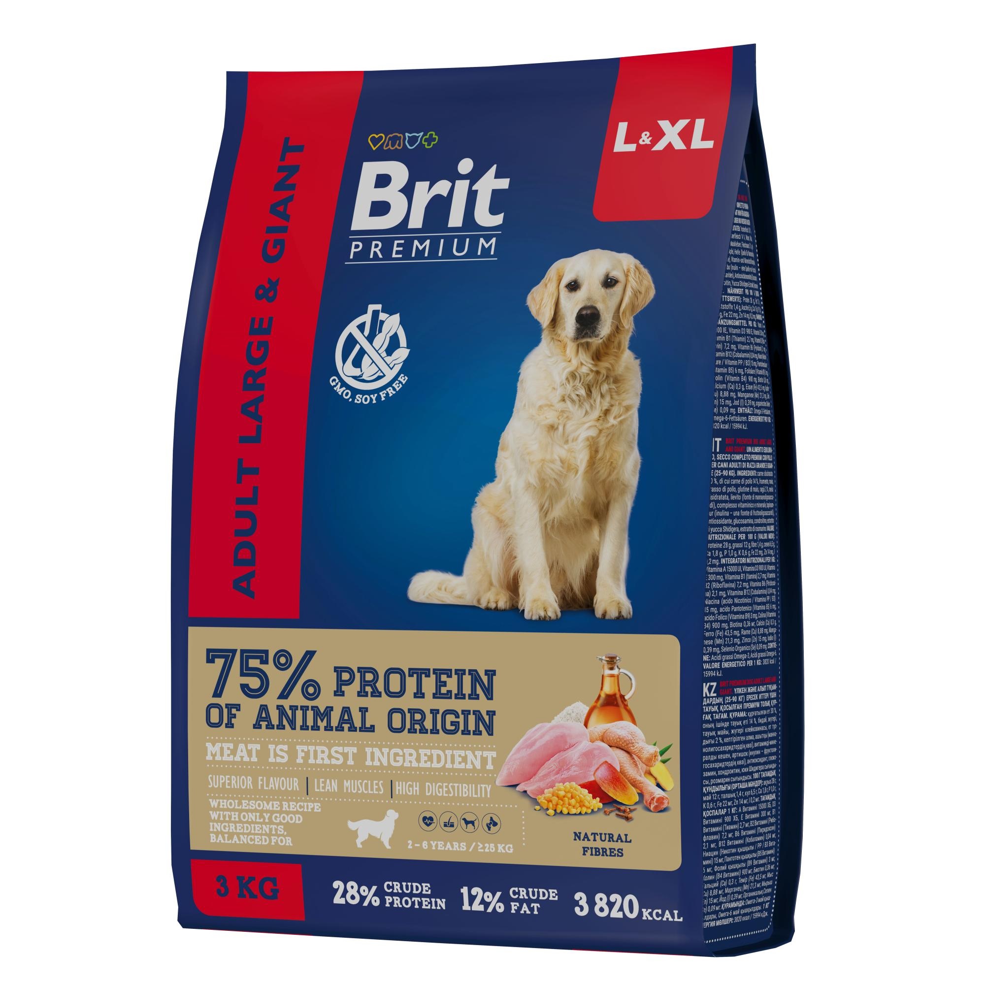 Корм для собак крупных и гигантских пород Brit premium dog adult l&xl 3 кг курица
