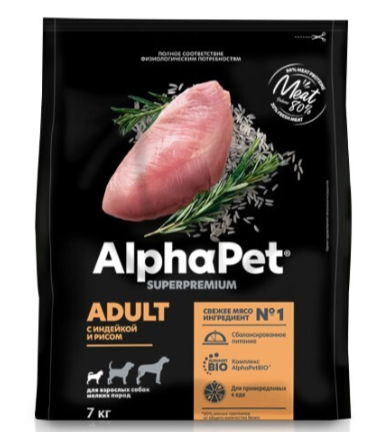 Корм для собак мелких пород Alphapet superpremium 7 кг с индейкой и рисом