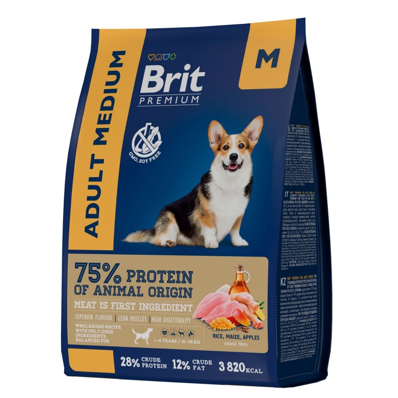 Корм для собак средних пород 1-7лет Brit premium dog adult m 1 кг курица