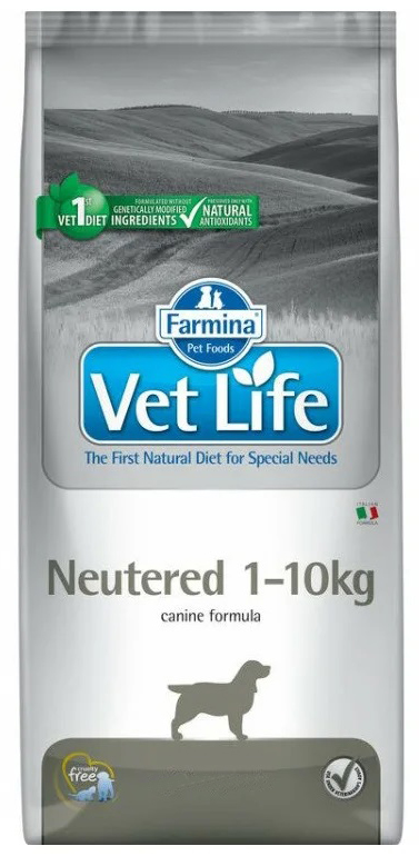 Корм для стерилизованных сук и кастрированных кобелей 1-10кг Farmina vet life dog neutered 2 кг