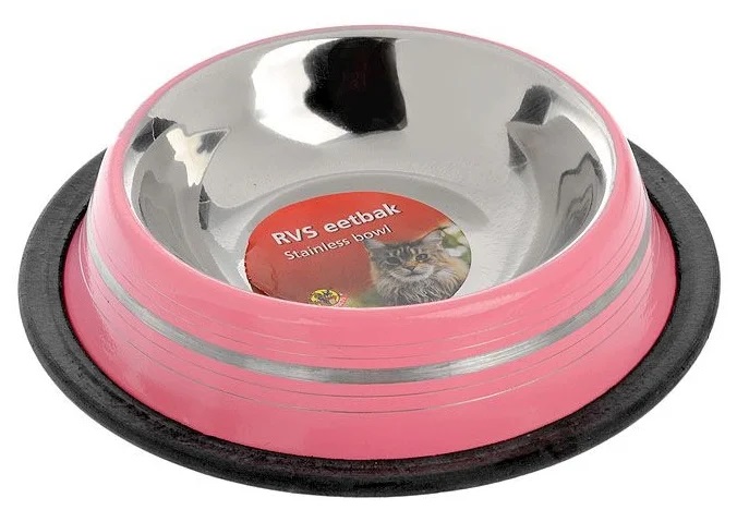 Миска стальная нескользящая для кошек розовая в полоску Beeztees 180 мл 11см