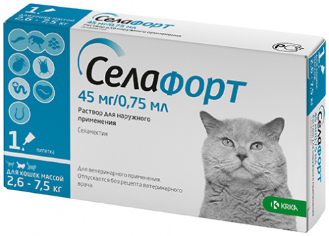 Селафорт р-р наружн. для кошек весом 2.6-7.5кг 45 мг/0,75мл капли на холку