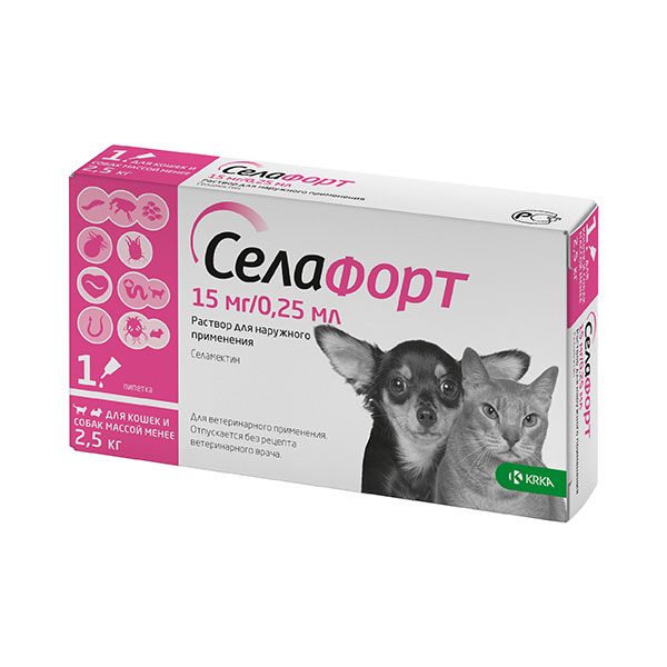 Селафорт р-р наружн. для кошек и мелких собак весом до 2.5кг 15 мг/0.25мл капли на холку