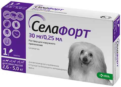 Селафорт р-р наружн. для собак весом 2.6-5кг 30 мг/0.25мл капли на холку