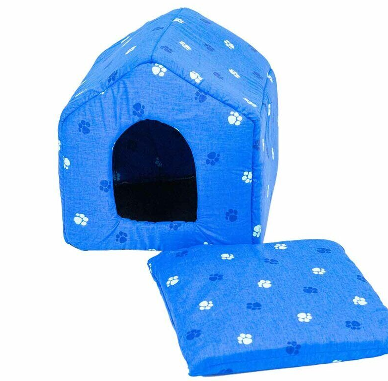 Домик будка мягкий синий Дарэленд с подушкой хлопок, поролон+периотек 37х37х37см