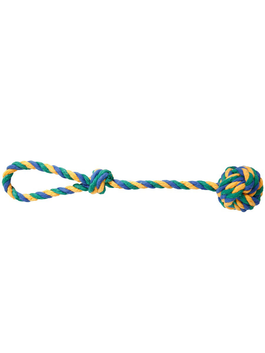 Игрушка мяч на веревке 40см плетеный текстильный для собак синий/желтый/зеленый Joy 6см