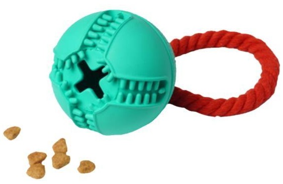 Игрушка мяч с канатом и отверстием для лакомств для собак бирюзовый Homepet silver series каучук 7.6х8.2см