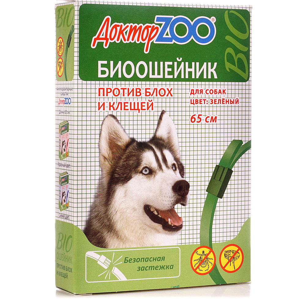 Доктор зоо биоошейник для собак от блох клещей зеленый 65см