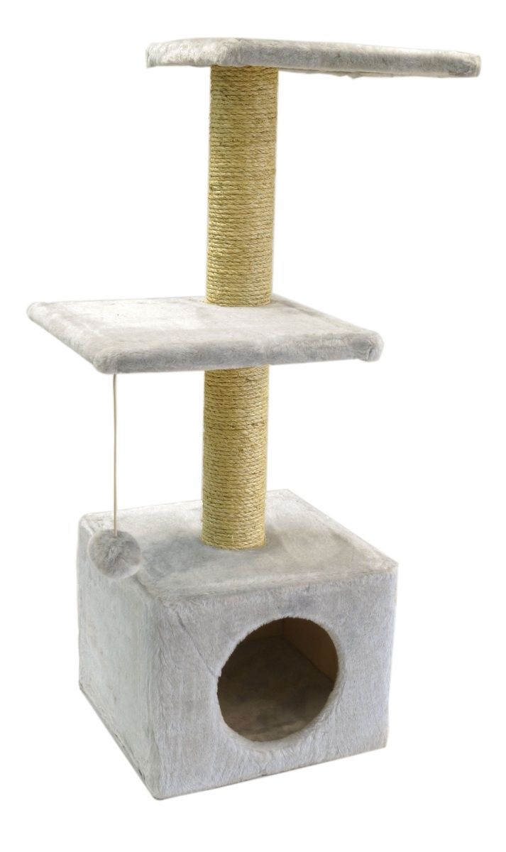 Домик-когтеточка две площадки для кошек серый Шурум-бурум 36х36х100см