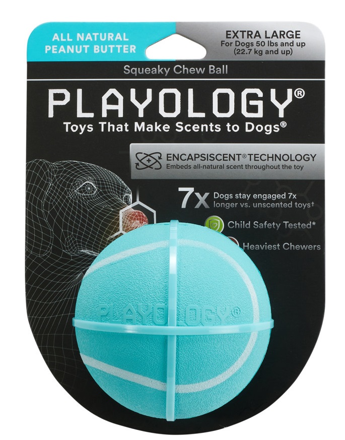 Игрушка мяч жевательный хрустящий с пищалкой для собак голубой Playology squeaky chew ball 8см с ароматом арахиса