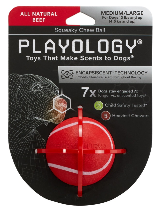 Игрушка мяч жевательный хрустящий с пищалкой для собак красный Playology squeaky chew ball 6см с ароматом говядины