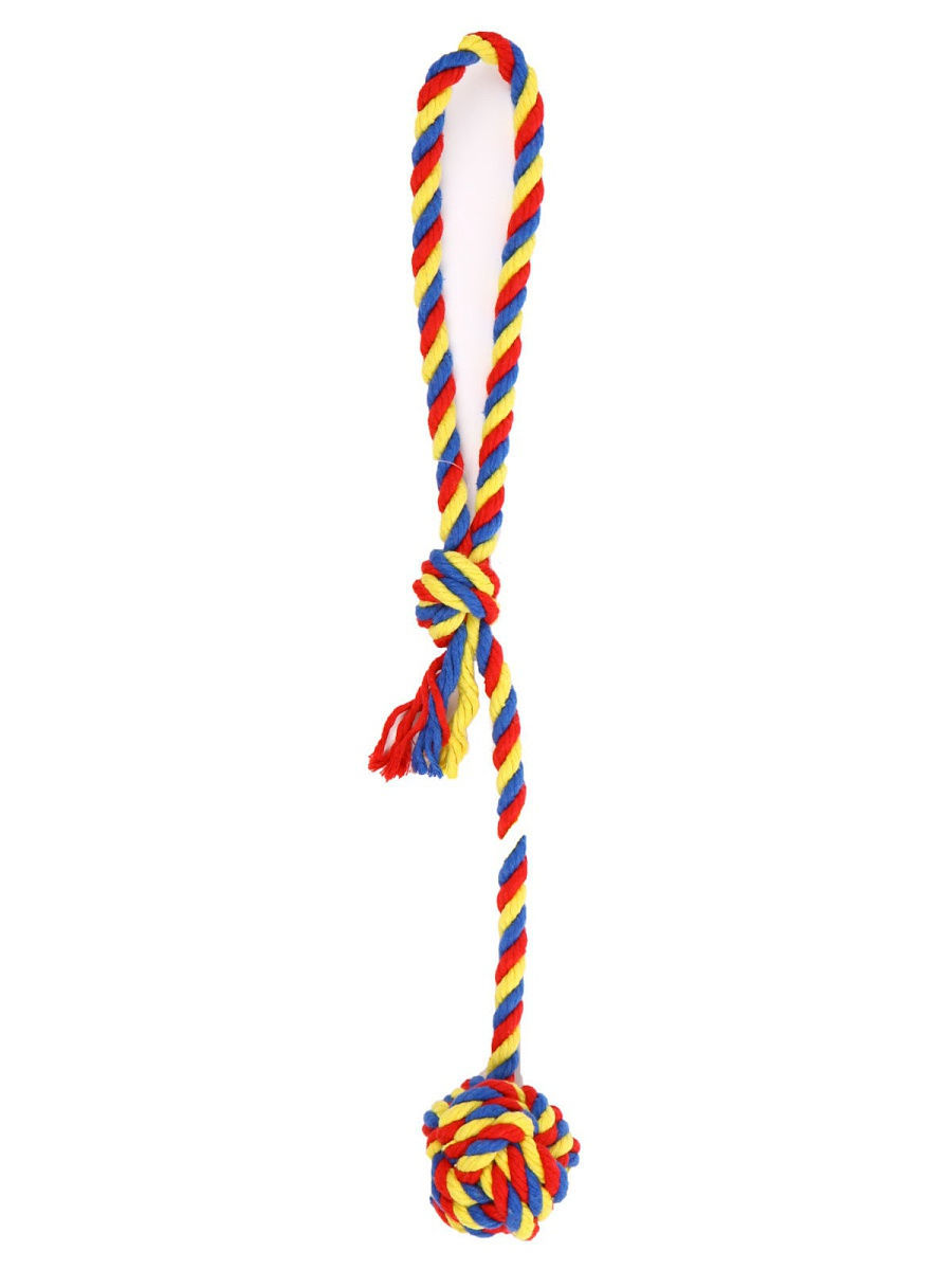 Игрушка мяч на веревке 40см плетеный текстильный для собак синий/желтый/красный Joy 6см