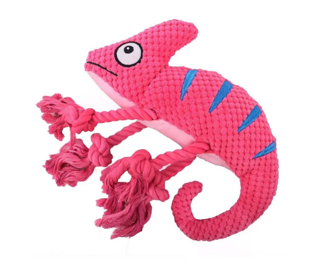 Игрушка хамелеон плюшевый с канатиками и пищалкой для собак розовая Mr.kranch 26см