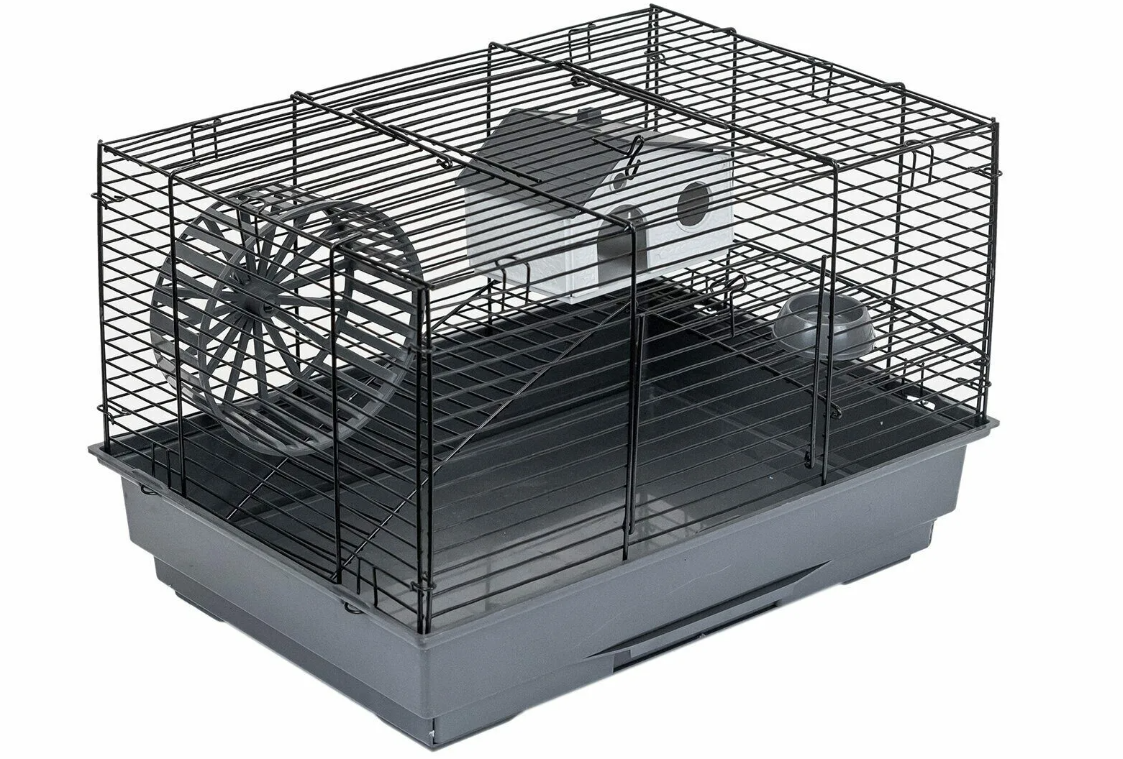 Клетка 1 этаж для грызунов серая Дарэлл eco гоша-1 с домиком миской и колесом 42х30х28см