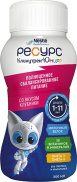 Ресурс Клинутрен юниор смесь жидкая для детей 1-11 лет клубника 200мл N 1