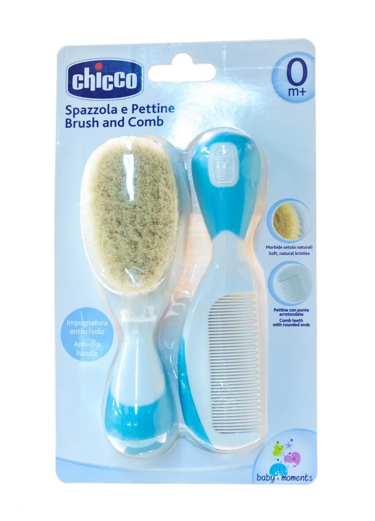 Chicco Baby Moments набор расческа и щетка для волос с натуральными щетинками голубой +0мес