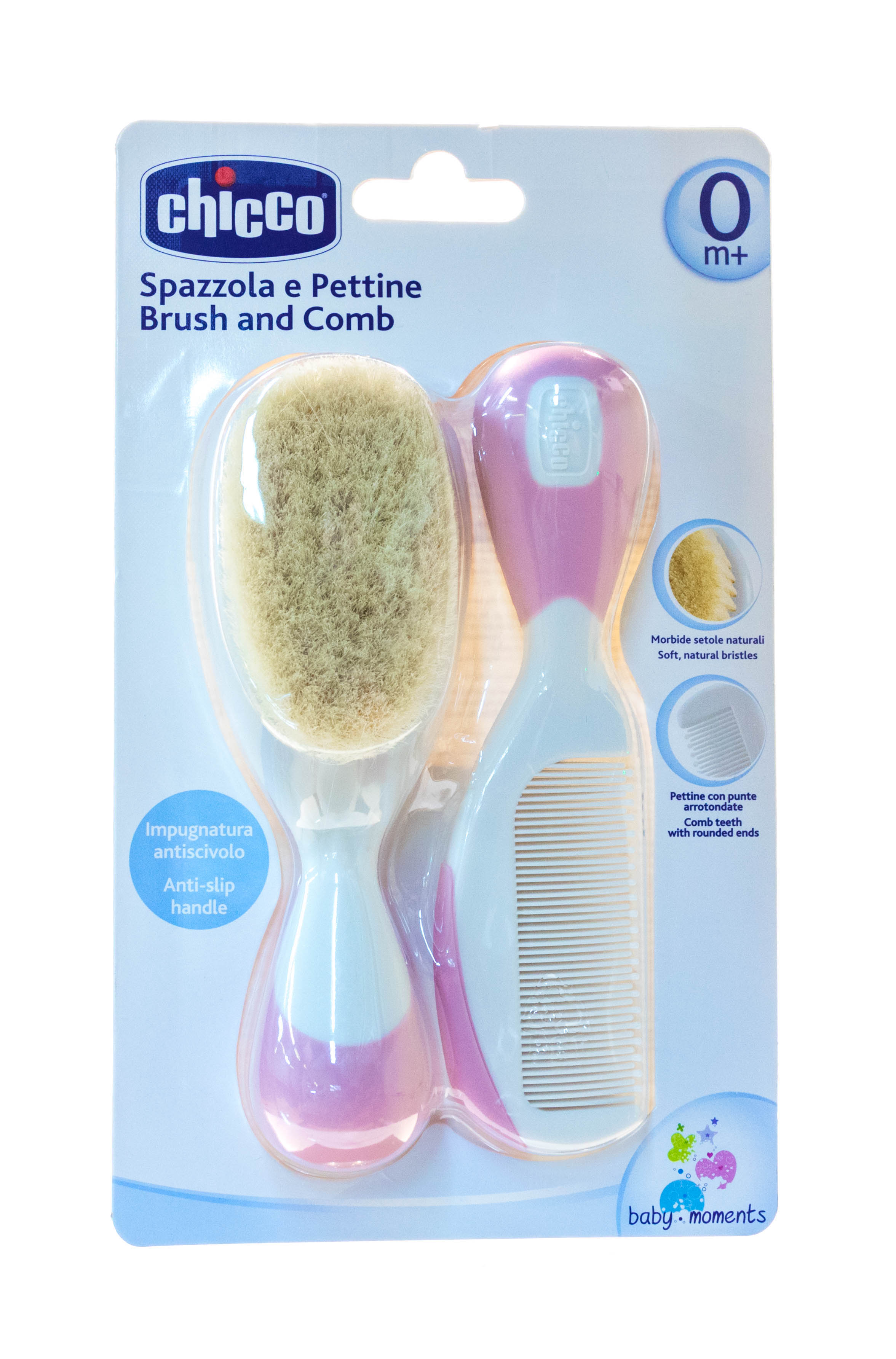Chicco Baby Moments набор расческа и щетка для волос с натуральными щетинками розовый +0мес