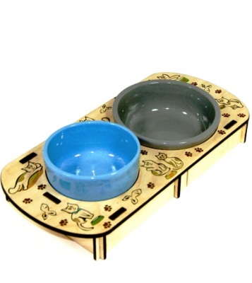 Комплект подставка+ две миски для кошек голубой/серый Меридиан котики керамика 200 мл+300мл