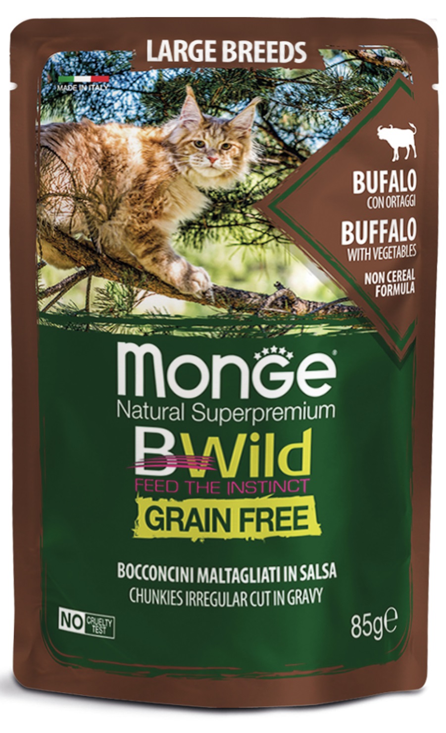 Корм беззерновой для крупных кошек Monge bwild cat 85 г пауч буйвол с овощами
