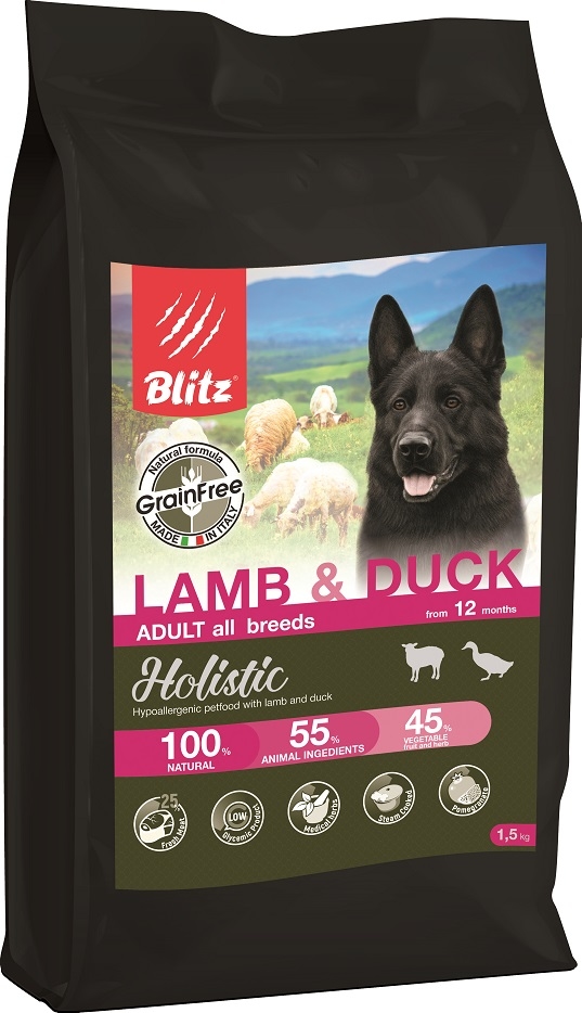 Корм беззерновой для собак Blitz holistic 1.5 кг ягненок и утка