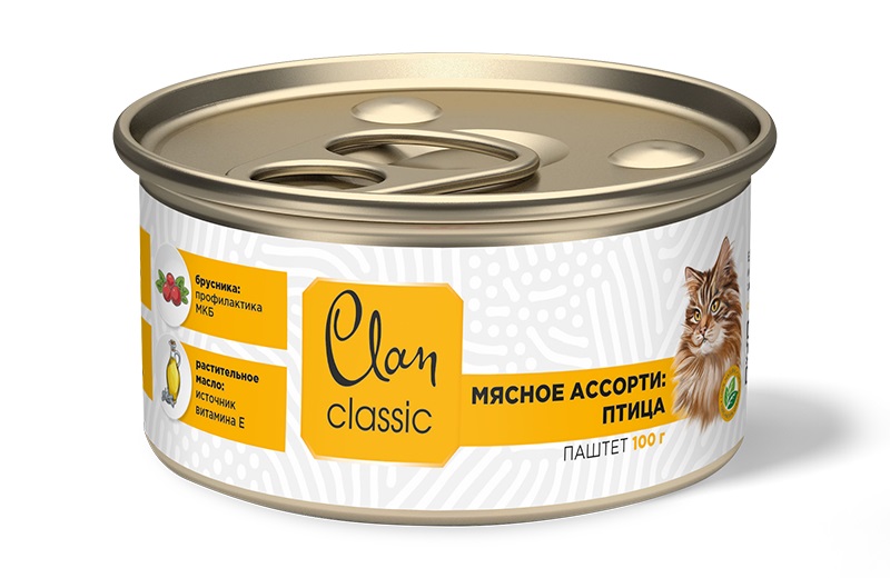 Корм для кошек Clan classic мясное ассорти паштет 100 г бан. птица