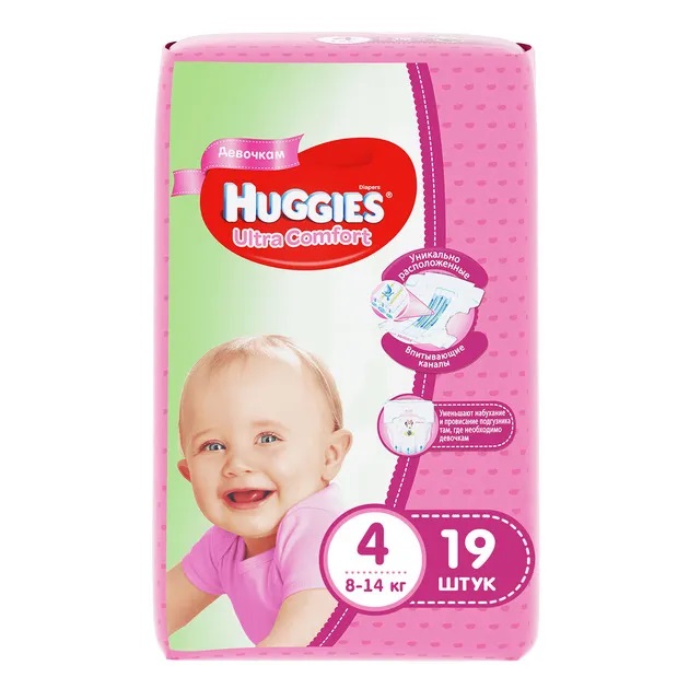 Подгузники Huggies ultra comfort для девочек (размер 4) 8-14 кг N 19