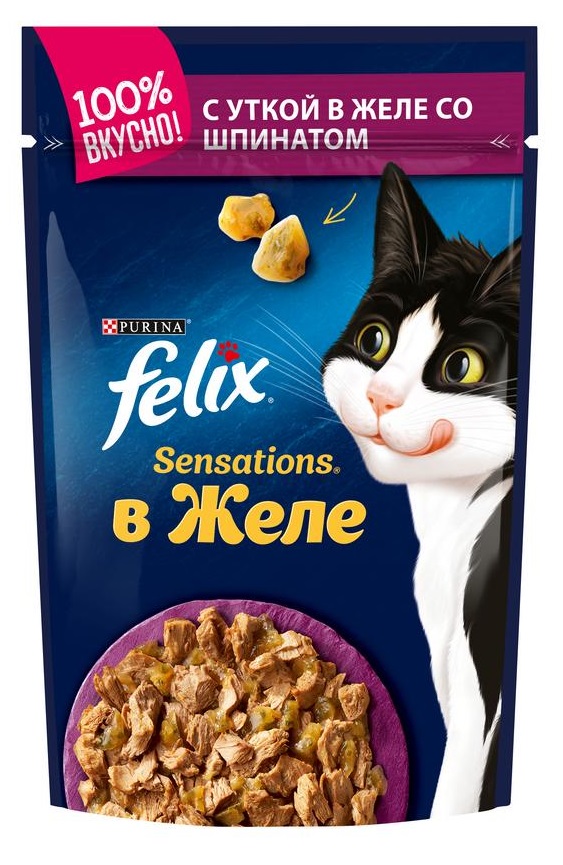 Корм для кошек Felix sensations 85 г пауч утка и шпинат в желе