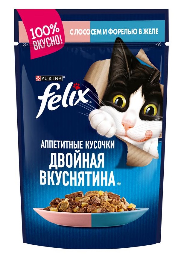 Корм для кошек Felix двойная вкуснятина аппетитные кусочки 85 г пауч лосось и форель