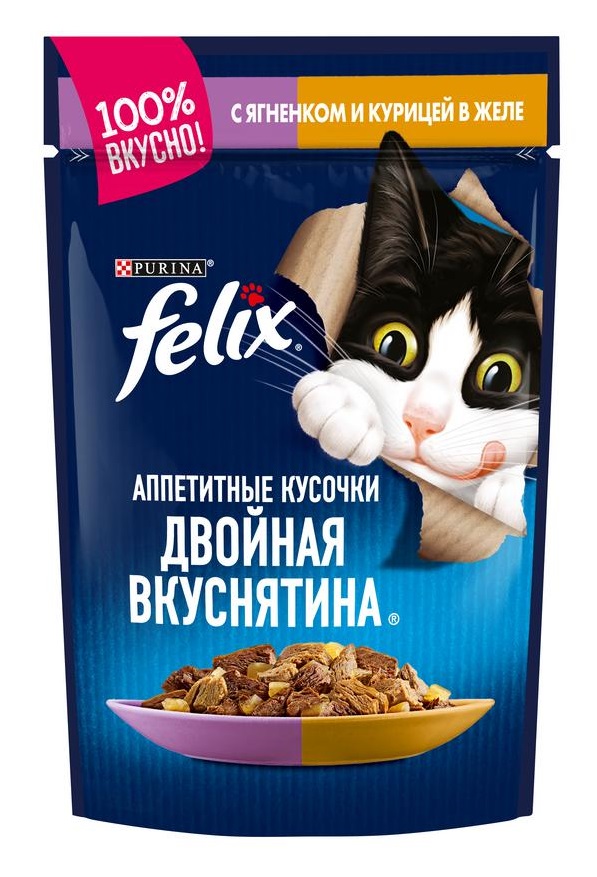 Корм для кошек Felix двойная вкуснятина аппетитные кусочки 85 г пауч ягненок и курица