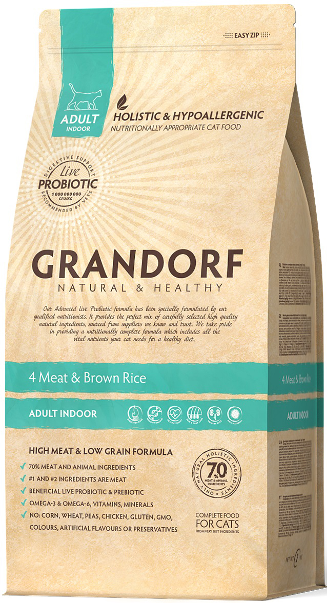 Корм для кошек Grandorf 4 meat & brown rice probiotic indoor 2 кг 4 вида мяса с рисом и пробиотиками
