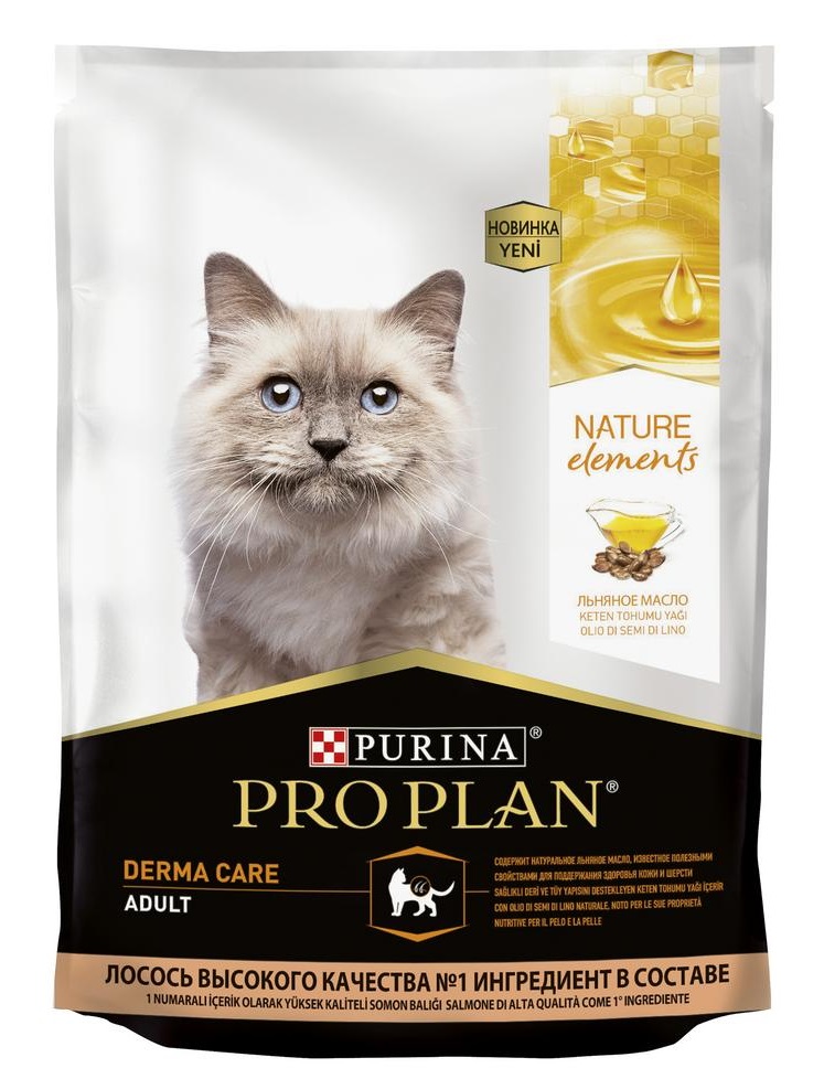 Корм для кошек Purina pro plan nature elements derma care здоровье кожи и шерсти 1.4 кг лосось и льняное масло