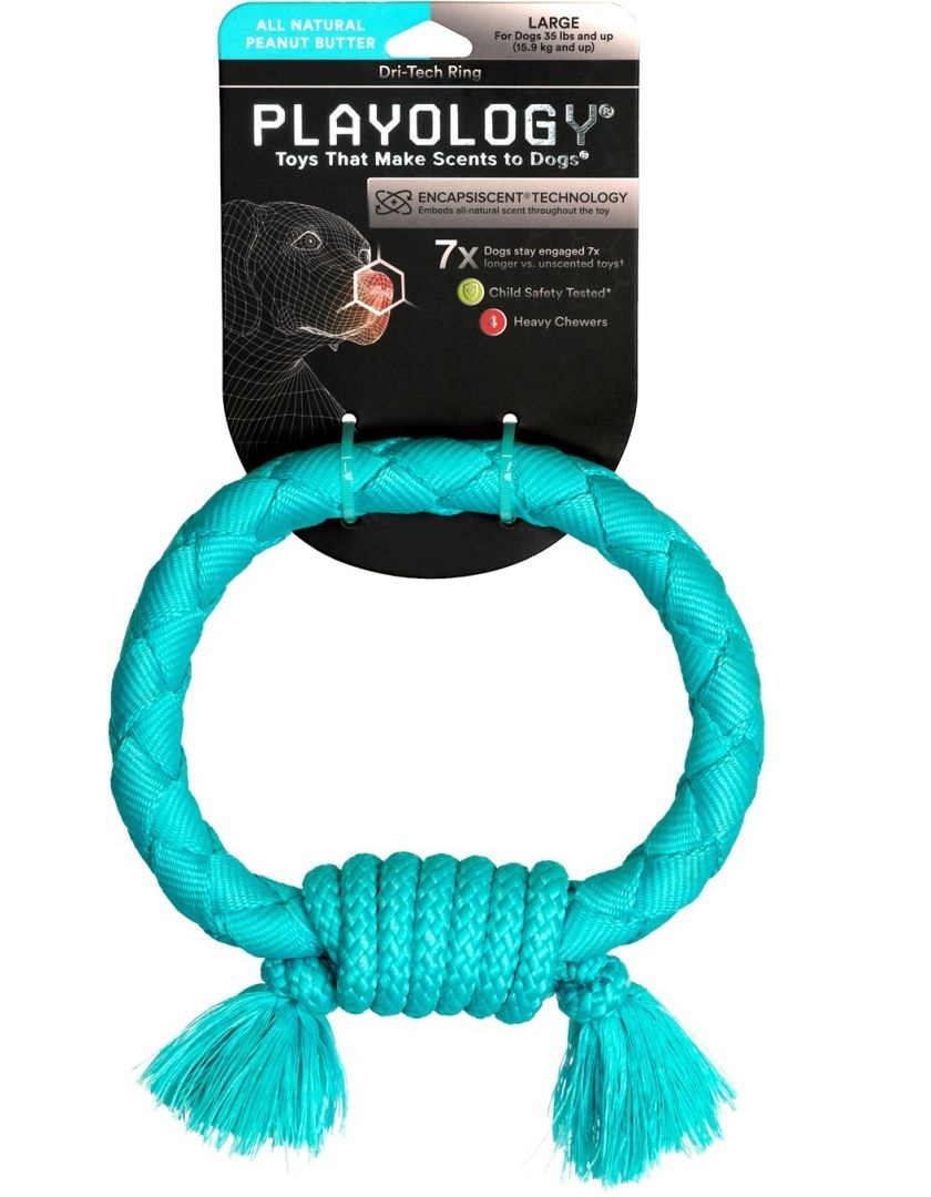 Игрушка кольцо-канат жевательное хрустящее для собак голубое Playology dri-tech с ароматом арахиса