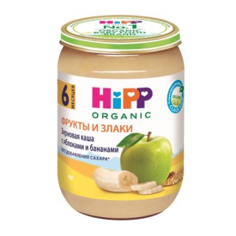 Hipp organic фрукты и злаки зерновая каша с яблоками и бананами без сахара 6+месяцев 190г