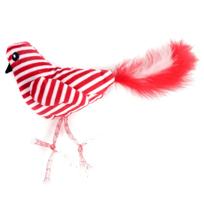 Игрушка птичка с перьями для кошек красно-белая Petpark 25см