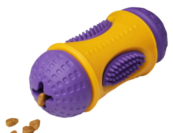 Игрушка цилиндр с фигурными отверстиями для собак фиолетово-желтый Homepet silver series tpr каучук 6х13см