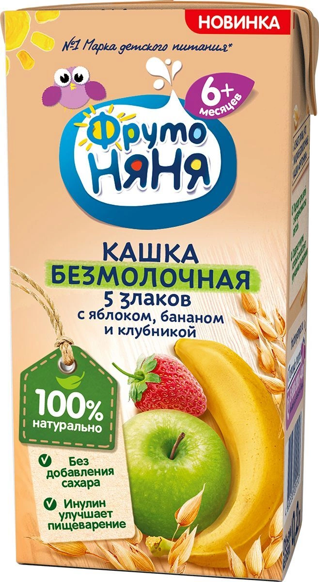 ФрутоНяня кашка жидкая безмолочная 5 злаков с яблоком/бананом/клубникой 200мл 6+мес