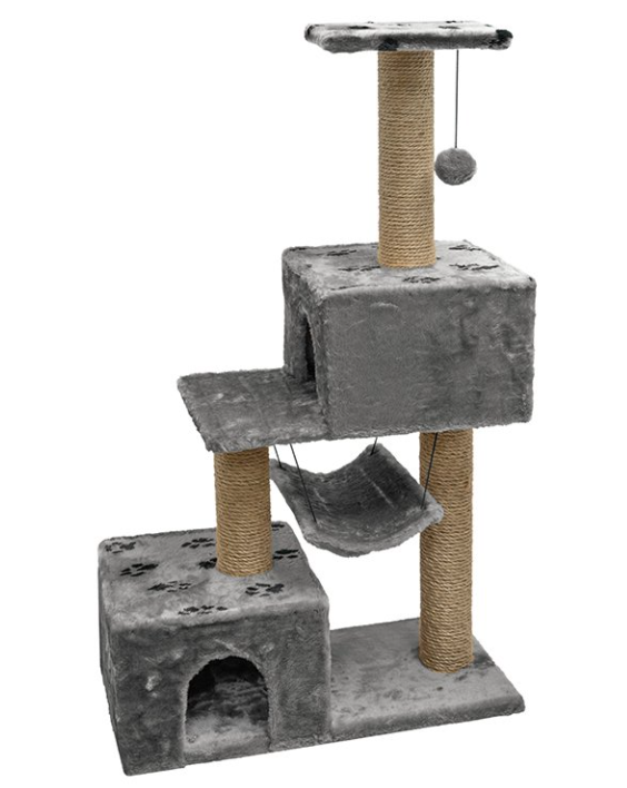 Домик-когтеточка квадратный три уровня с двумя домиками и гамаком для кошек дымчатый Дарэлл eco баюн мех джут 72х36х124.5см